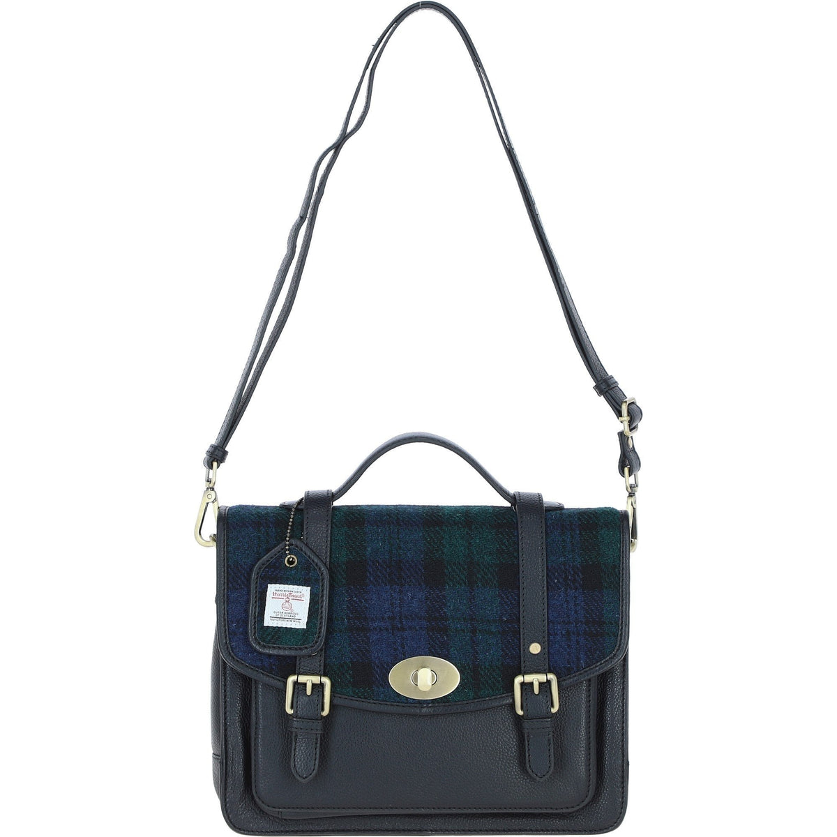 Leather & Harris Tweed Large Twist Lock Satchel – Black / Watch, view 1