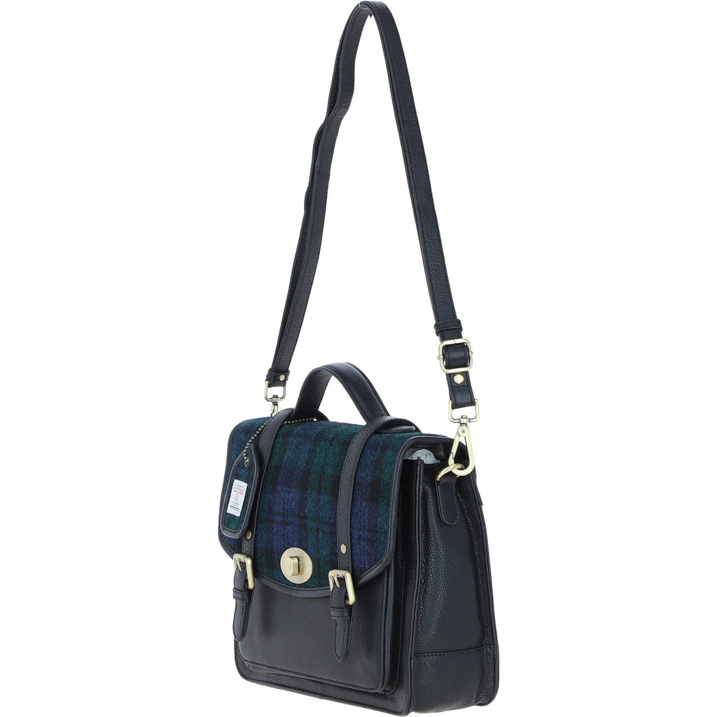 Leather & Harris Tweed Large Twist Lock Satchel – Black / Watch, view 2