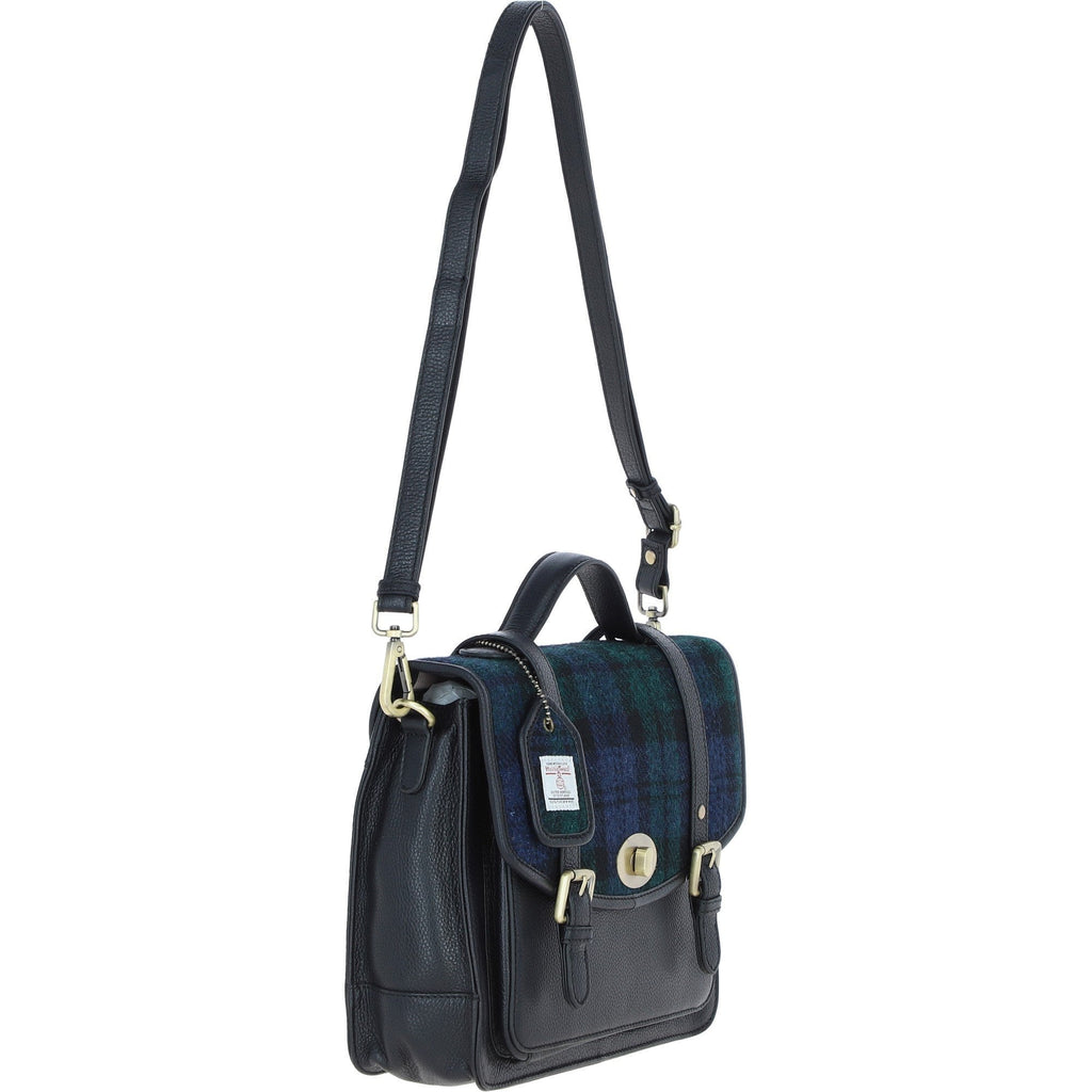 Leather & Harris Tweed Large Twist Lock Satchel – Black / Watch, view 4