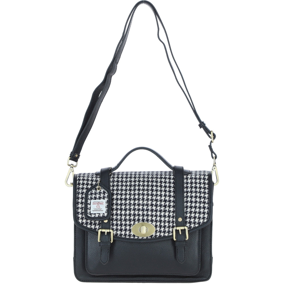 Leather & Harris Tweed Large Twist Lock Satchel – Black / White, view 1