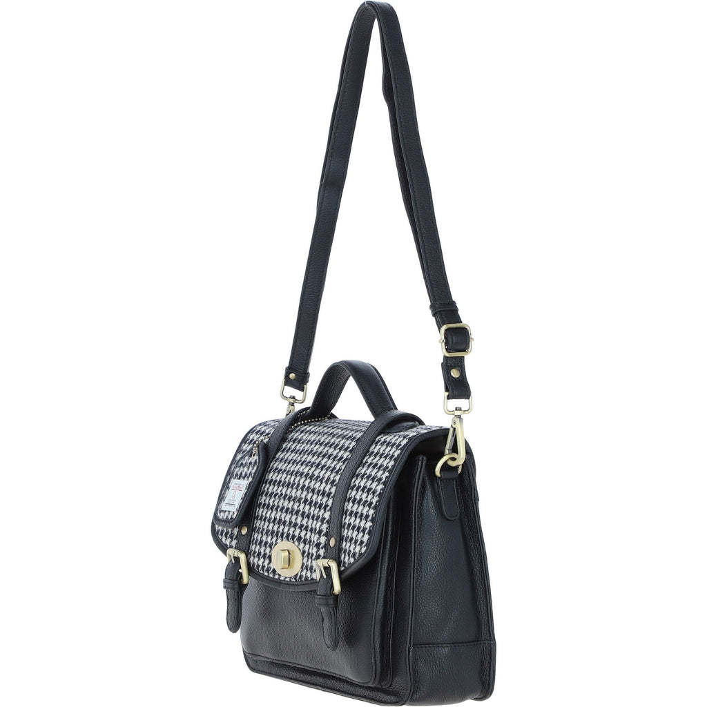 Leather & Harris Tweed Large Twist Lock Satchel – Black / White, view 2