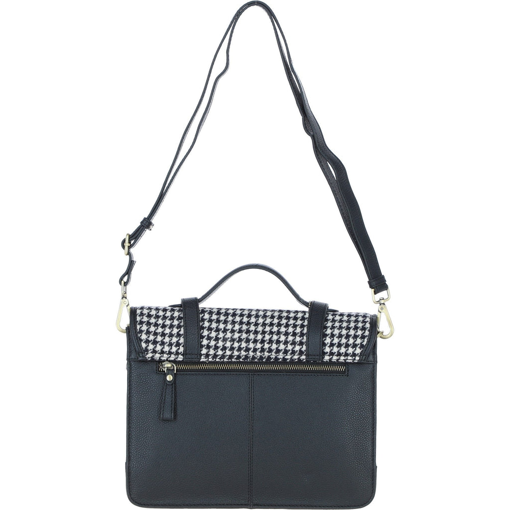 Leather & Harris Tweed Large Twist Lock Satchel – Black / White, view 3