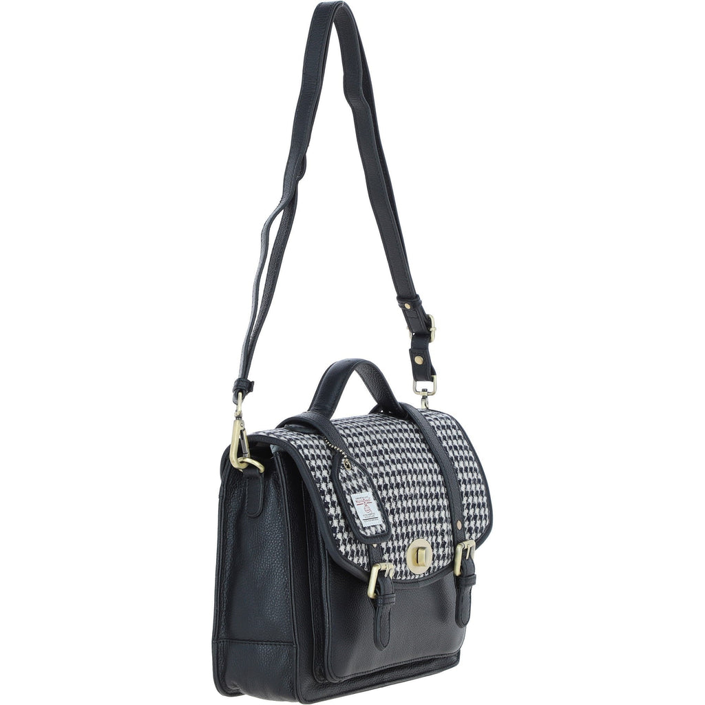 Leather & Harris Tweed Large Twist Lock Satchel – Black / White, view 4