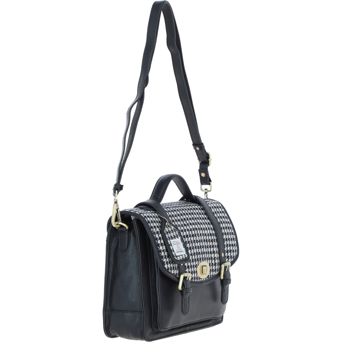 Leather & Harris Tweed Large Twist Lock Satchel – Black / White, view 4