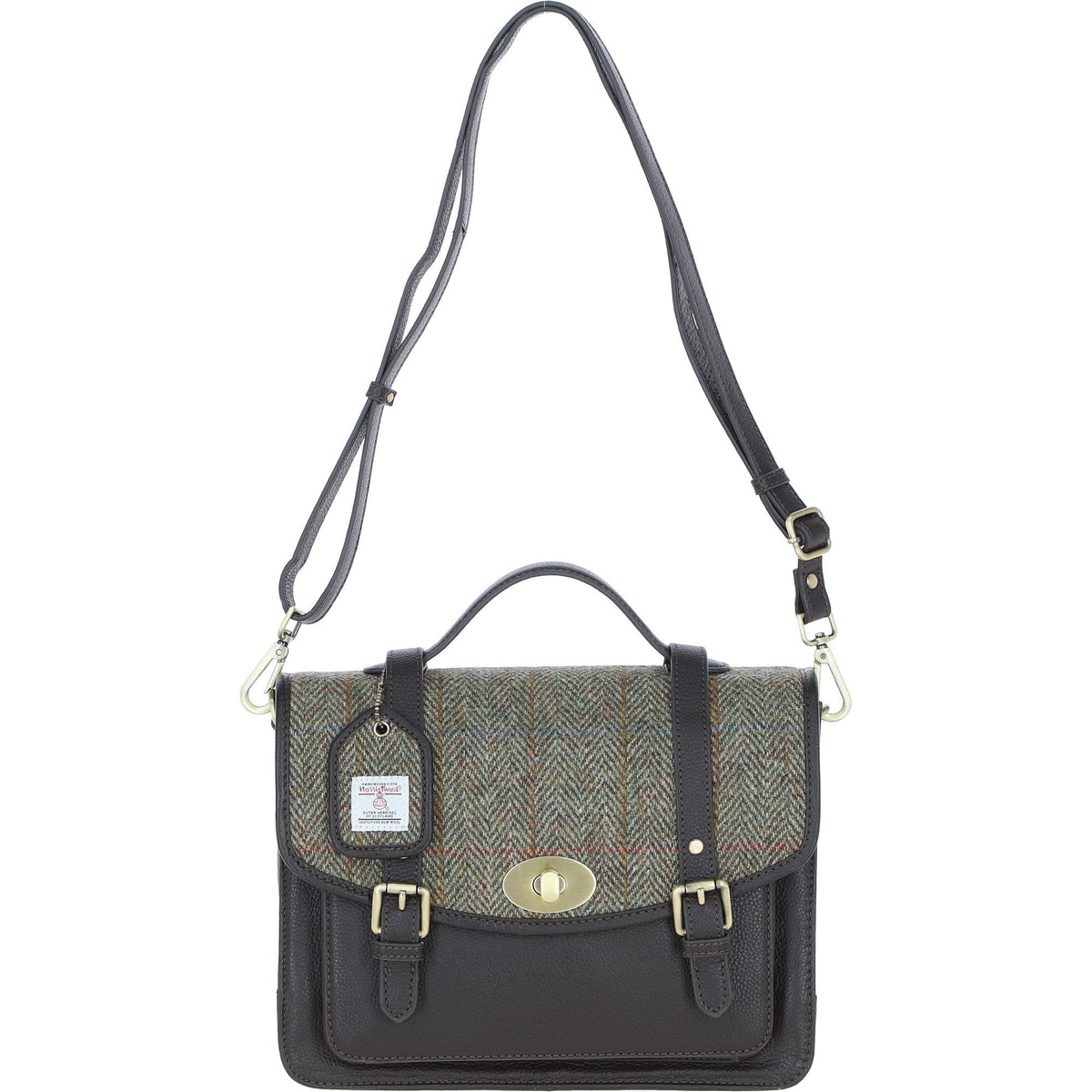 Leather & Harris Tweed Large Twist Lock Satchel – Brown / Green, view 1