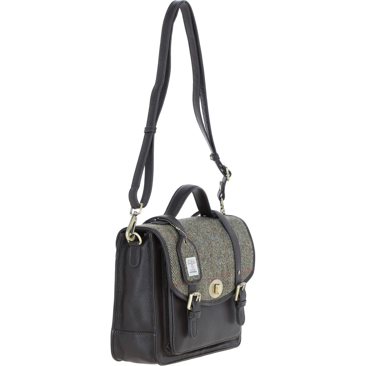 Leather & Harris Tweed Large Twist Lock Satchel – Brown / Green, view 4