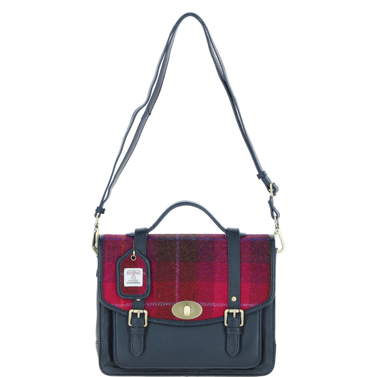 Leather & Harris Tweed Large Twist Lock Satchel – Navy / Pink, view 1