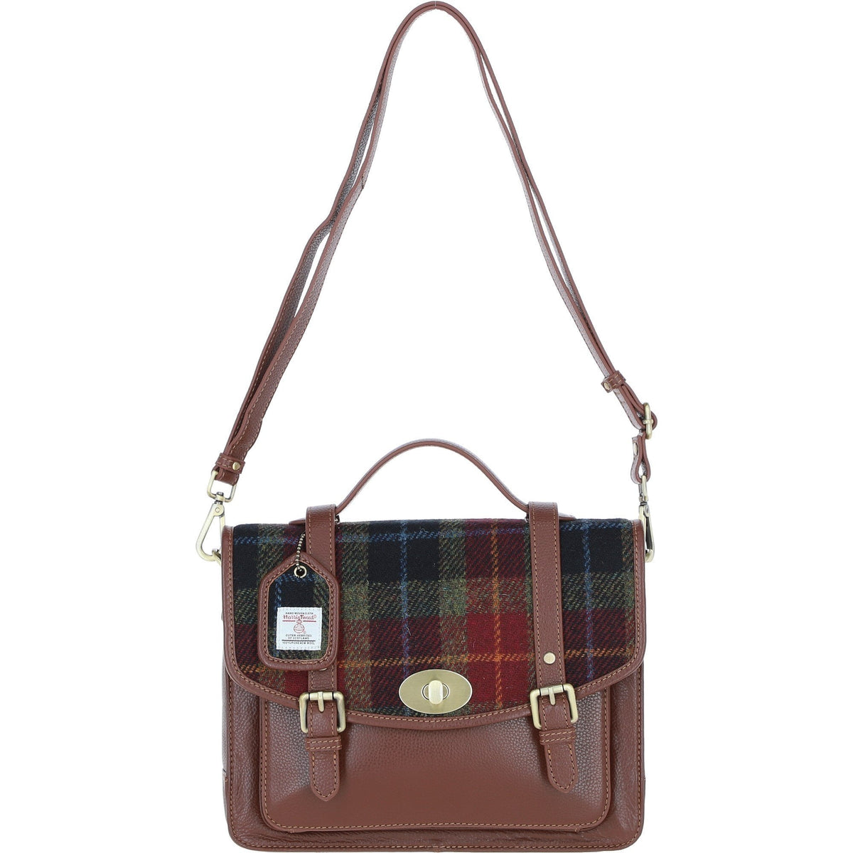Leather & Harris Tweed Large Twist Lock Satchel – Tan / Green / Red, view 1