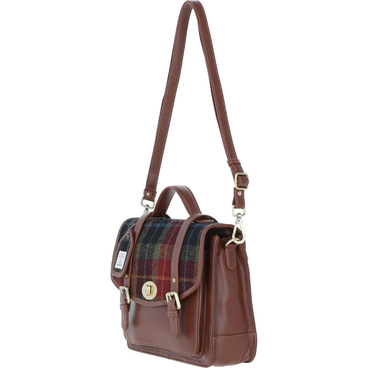 Leather & Harris Tweed Large Twist Lock Satchel – Tan / Green / Red, view 2
