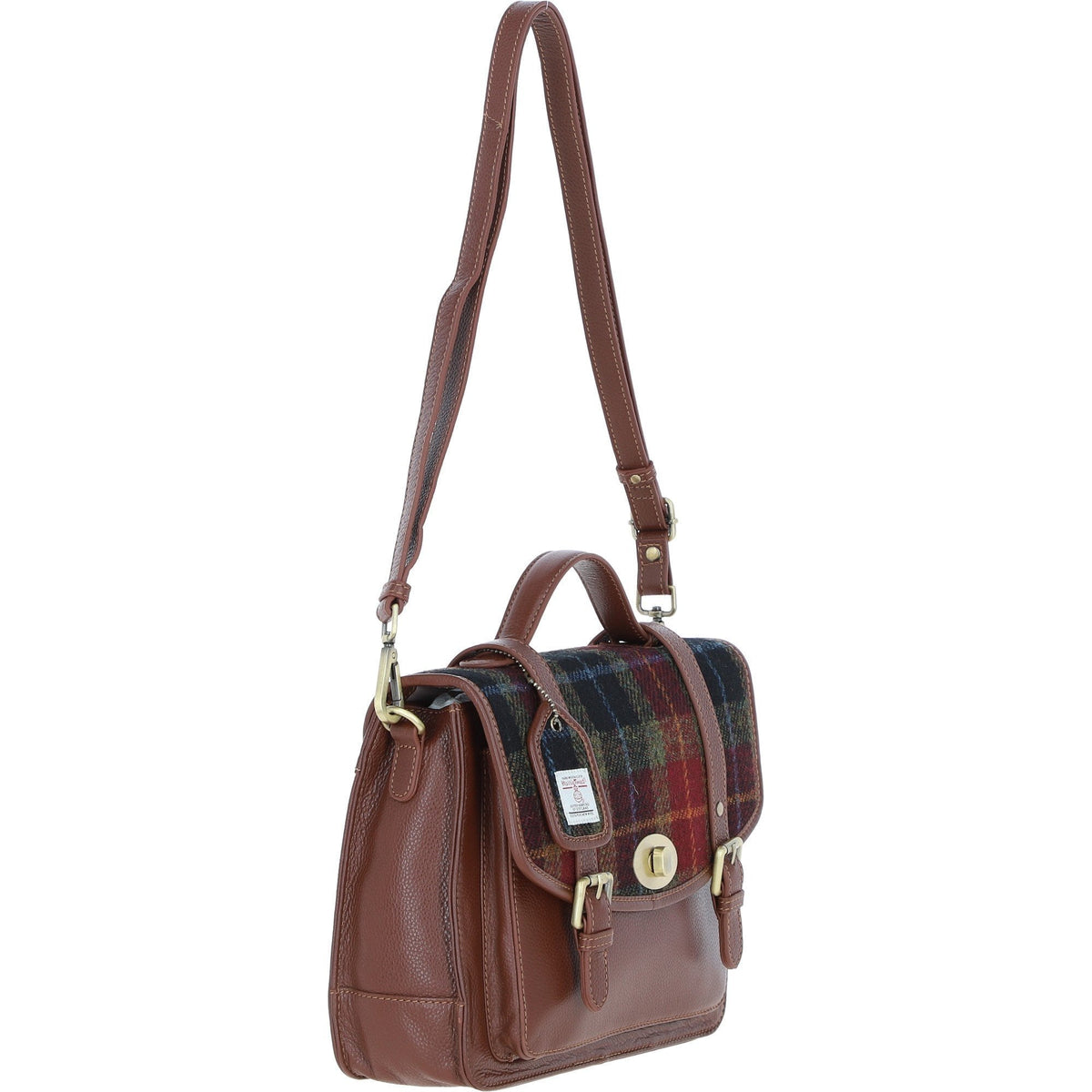 Leather & Harris Tweed Large Twist Lock Satchel – Tan / Green / Red, view 4
