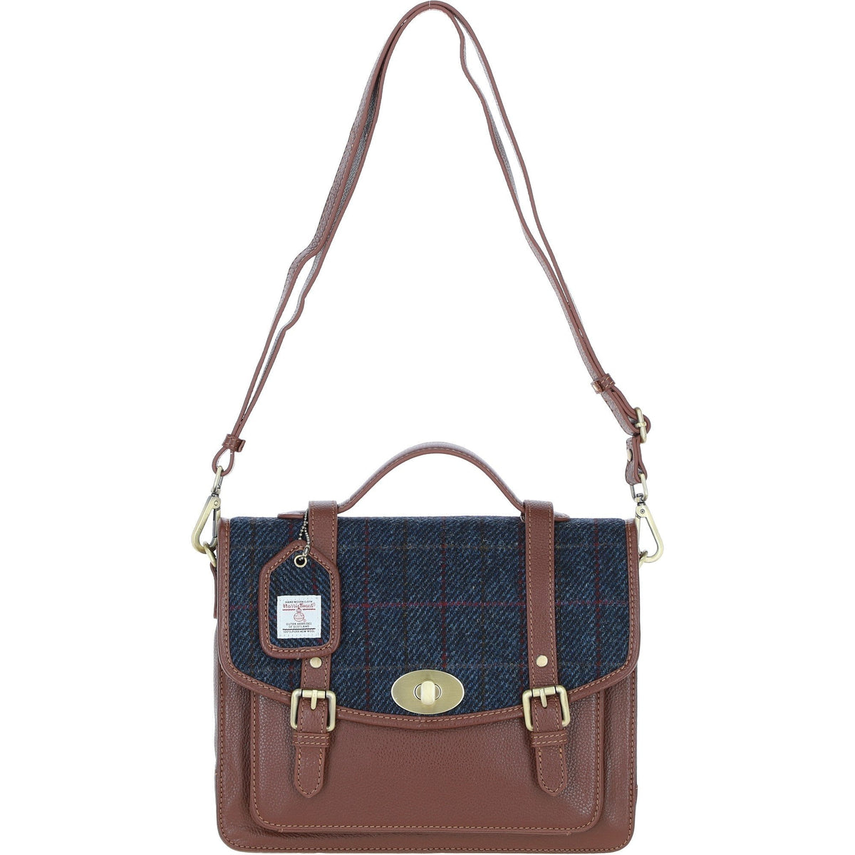 Leather & Harris Tweed Large Twist Lock Satchel – Tan / Navy, view 1