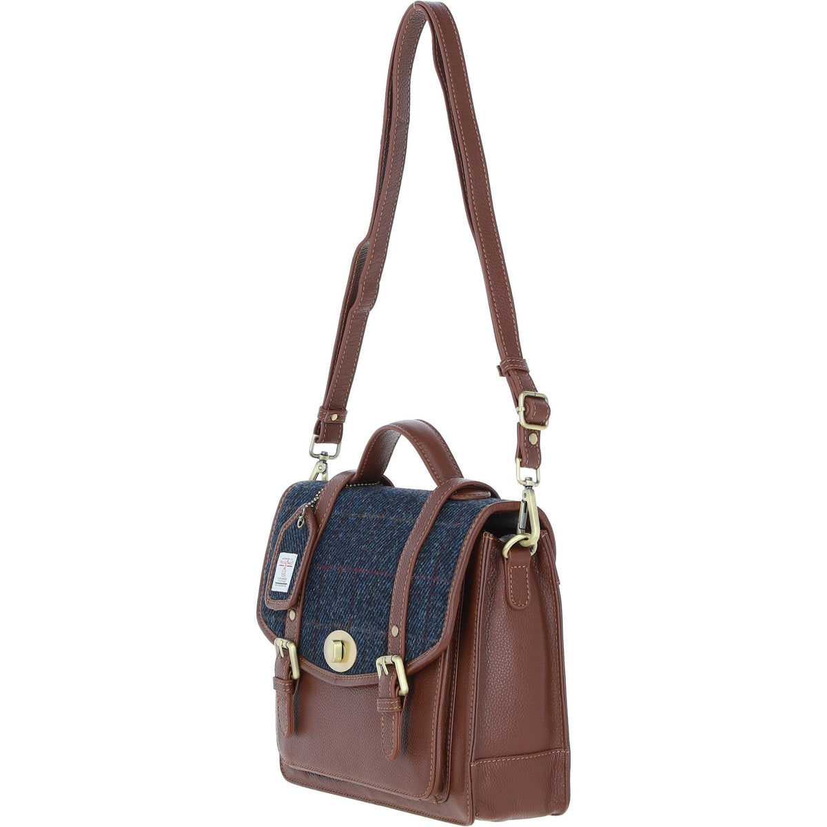 Leather & Harris Tweed Large Twist Lock Satchel – Tan / Navy, view 2