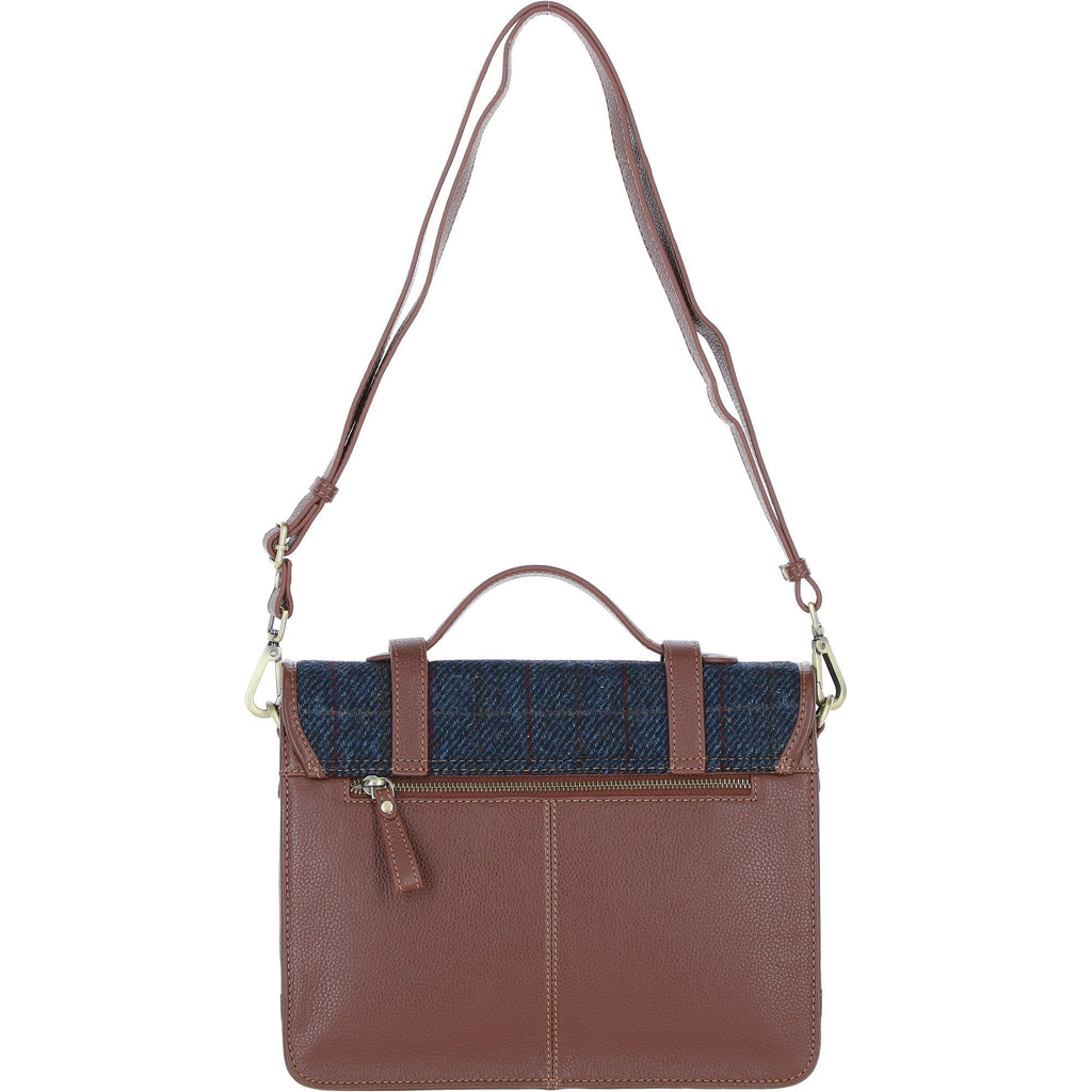 Leather & Harris Tweed Large Twist Lock Satchel – Tan / Navy, view 3