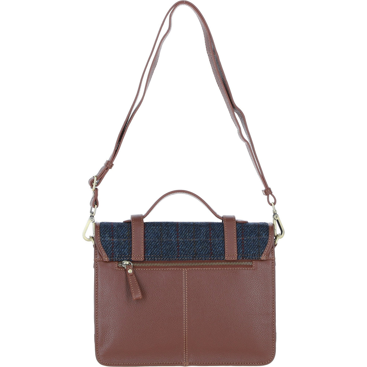 Leather & Harris Tweed Large Twist Lock Satchel – Tan / Navy, view 3