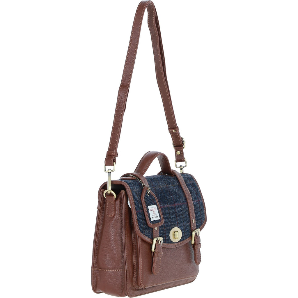 Leather & Harris Tweed Large Twist Lock Satchel – Tan / Navy, view 4