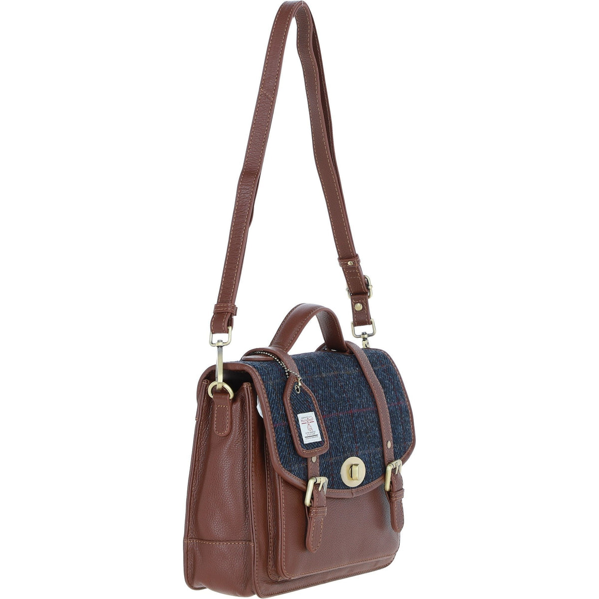 Leather & Harris Tweed Large Twist Lock Satchel – Tan / Navy, view 4