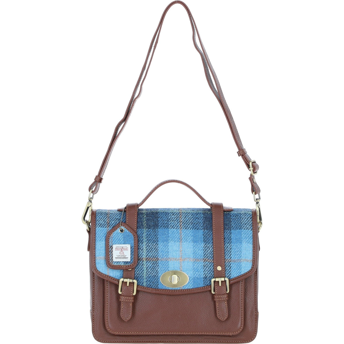 Leather & Harris Tweed Large Twist Lock Satchel – Tan / TL Blue, view 1