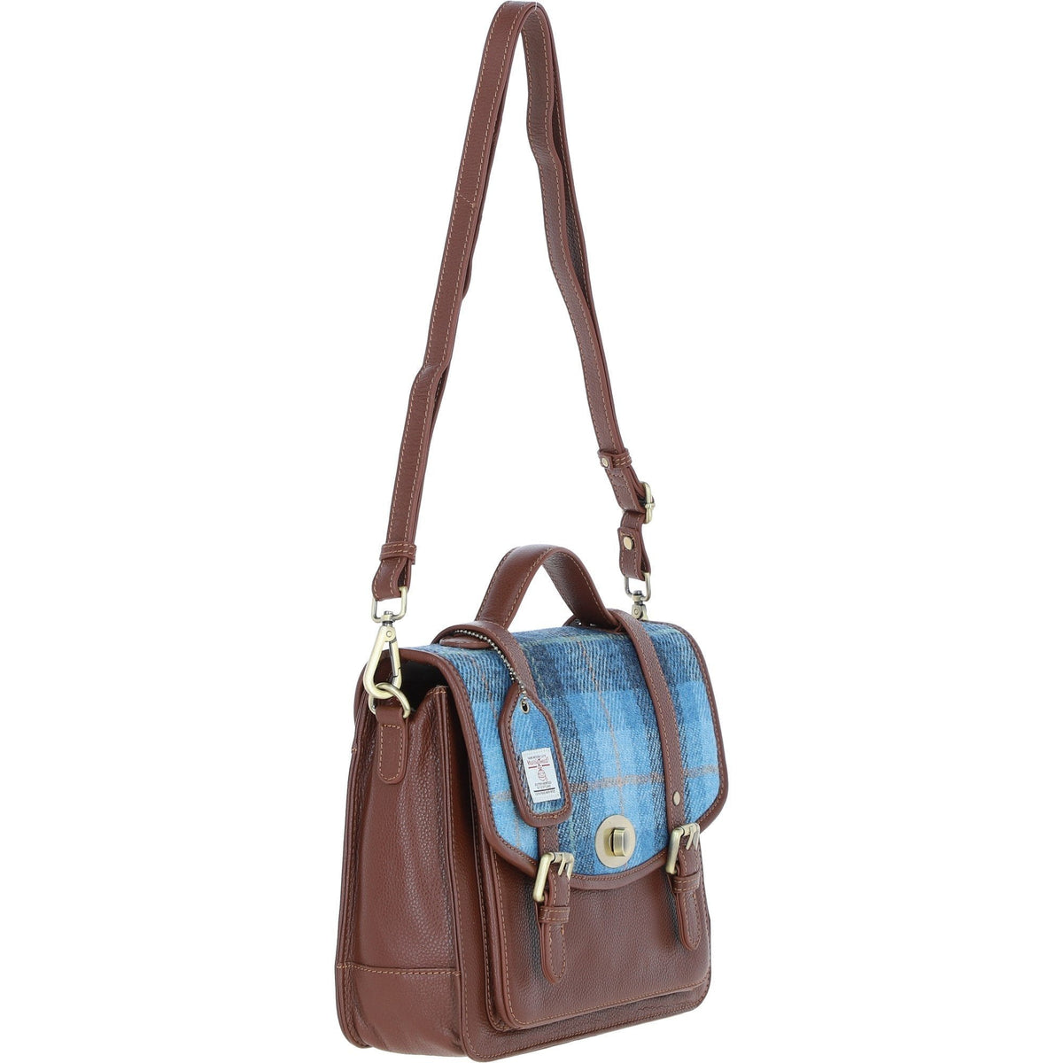 Leather & Harris Tweed Large Twist Lock Satchel – Tan / TL Blue, view 4