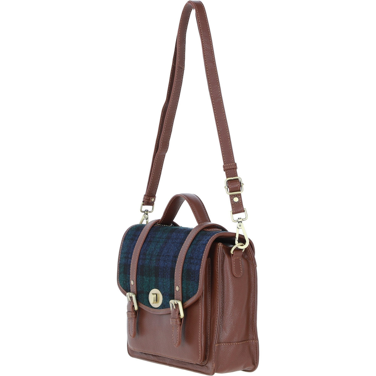 Leather & Harris Tweed Large Twist Lock Satchel – Tan / Watch, view 2