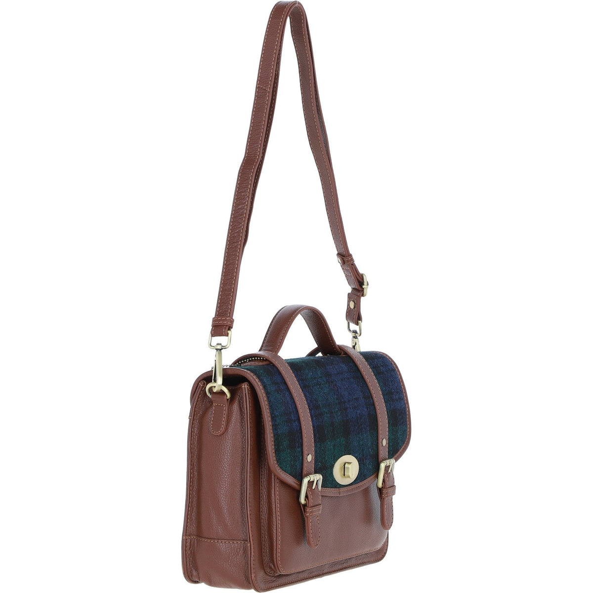 Leather & Harris Tweed Large Twist Lock Satchel – Tan / Watch, view 4