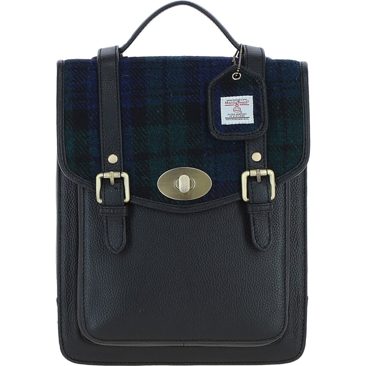 Leather & Harris Tweed Medium Twist Lock Backpack – Black / Watch, view 1