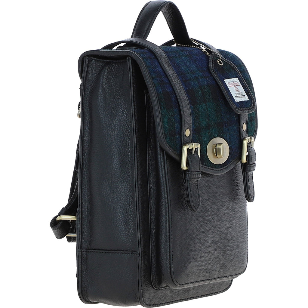 Leather & Harris Tweed Medium Twist Lock Backpack – Black / Watch, view 4