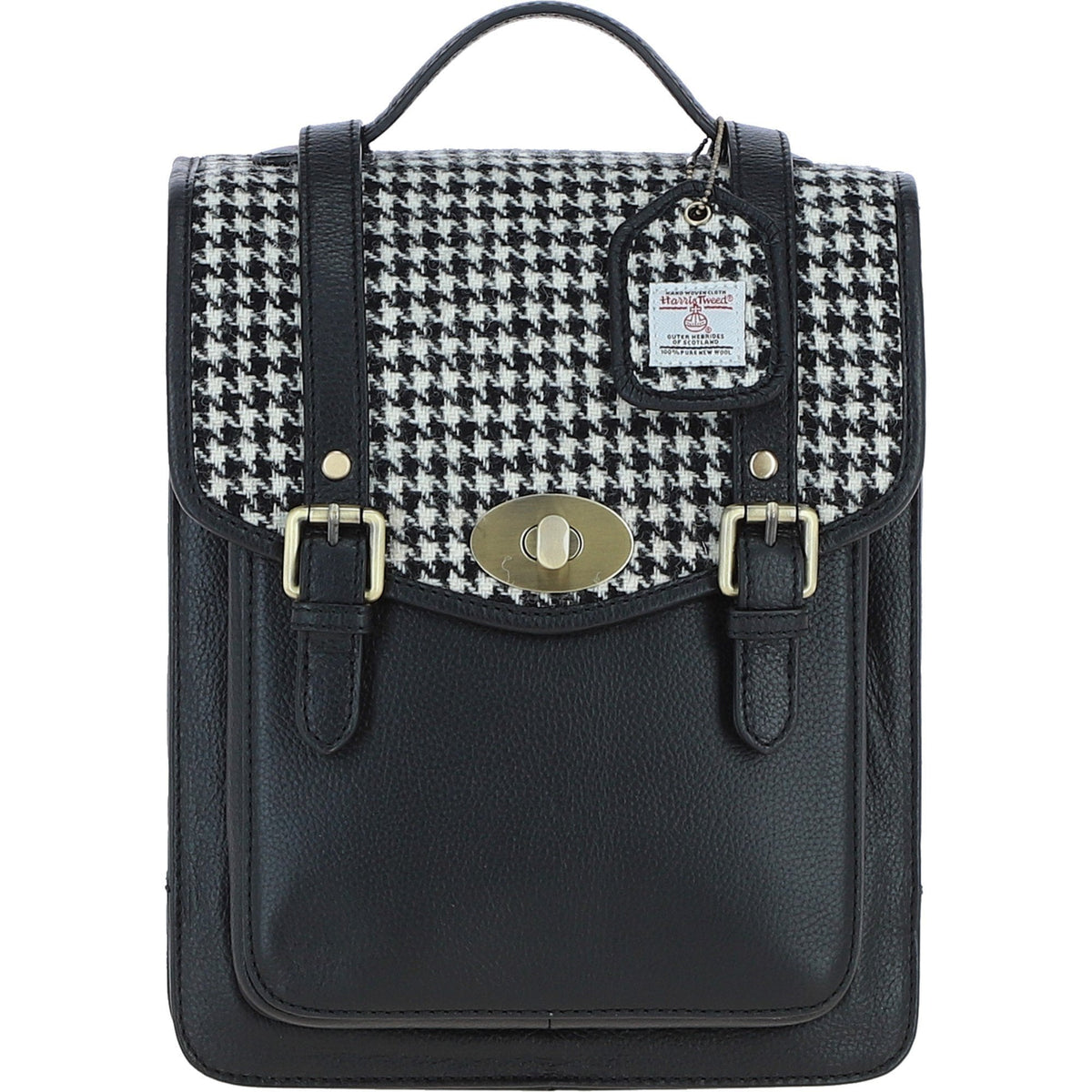 Leather & Harris Tweed Medium Twist Lock Backpack – Black / White, view 1