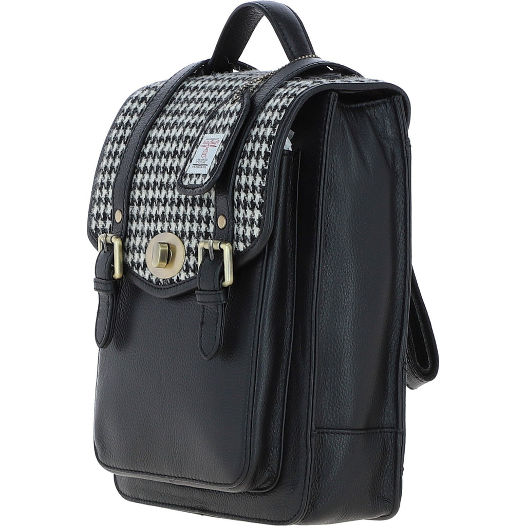 Leather & Harris Tweed Medium Twist Lock Backpack – Black / White, view 2