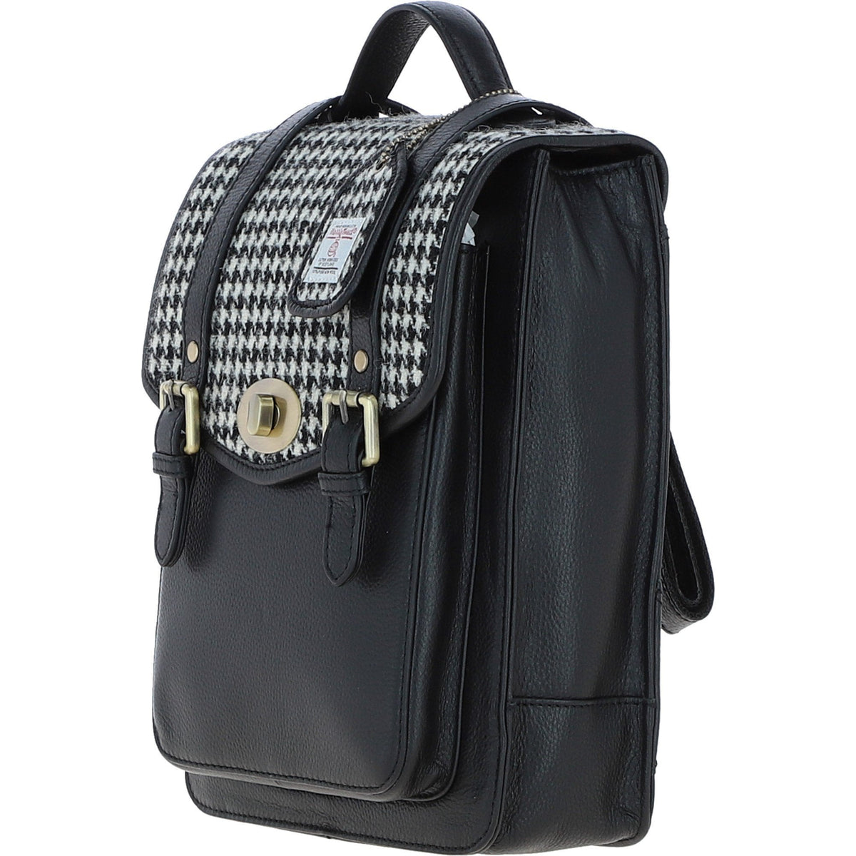 Leather & Harris Tweed Medium Twist Lock Backpack – Black / White, view 2