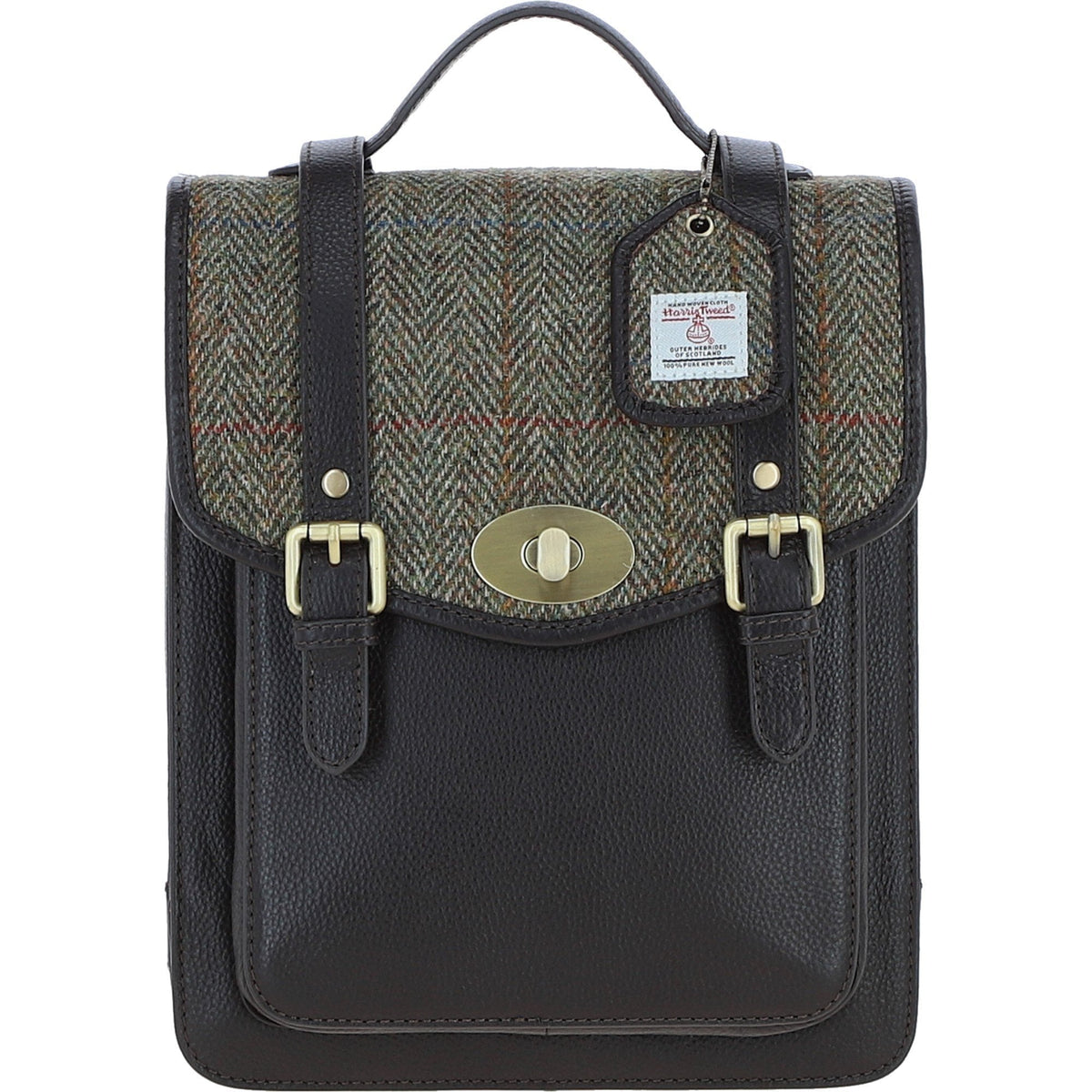 Leather & Harris Tweed Medium Twist Lock Backpack – Brown / Green, view 1