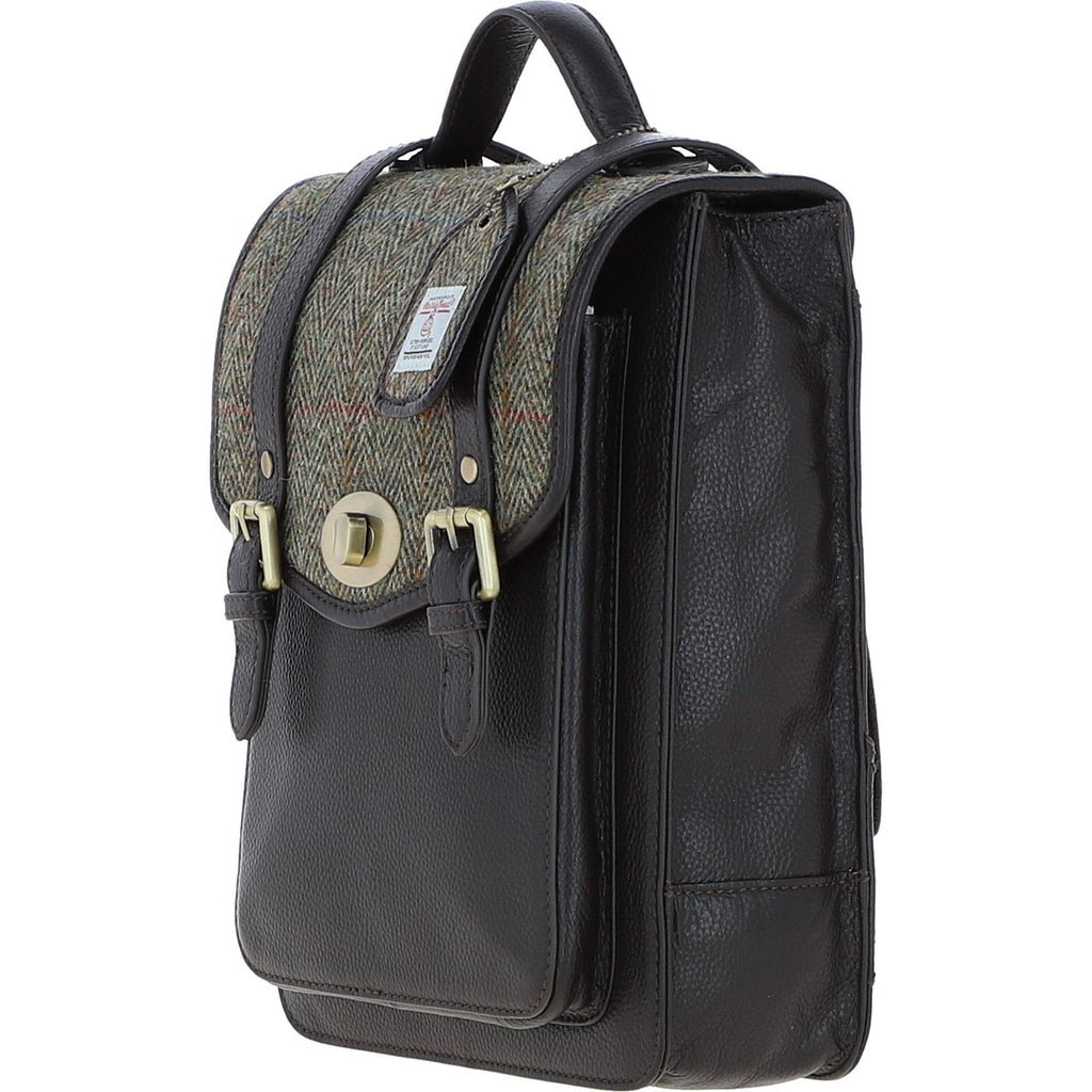 Leather & Harris Tweed Medium Twist Lock Backpack – Brown / Green, view 2