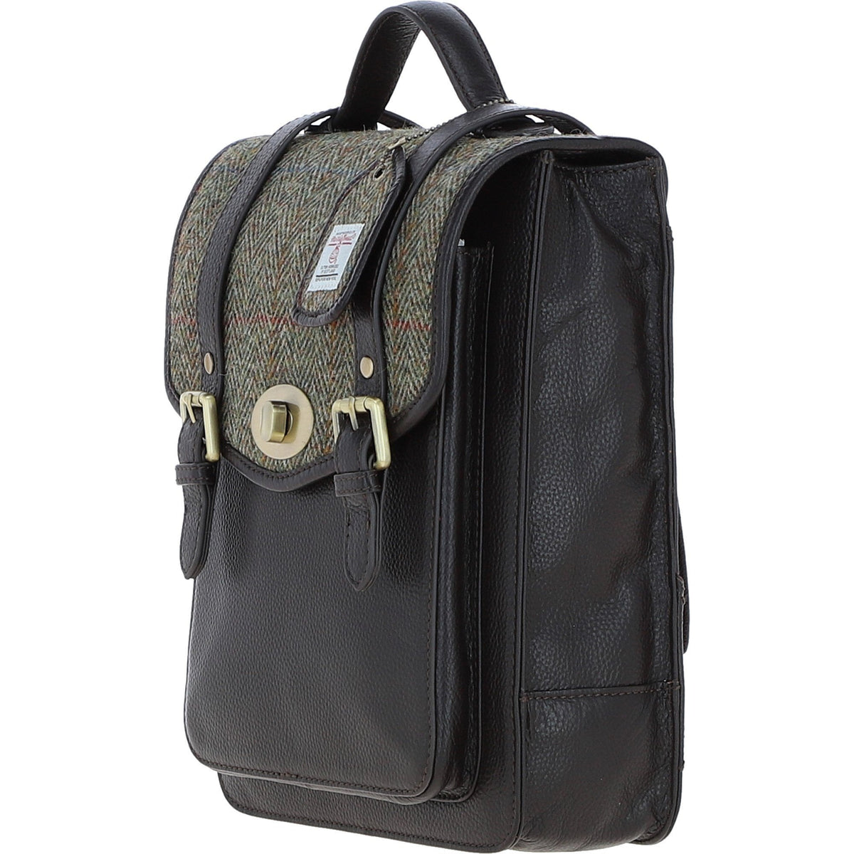 Leather & Harris Tweed Medium Twist Lock Backpack – Brown / Green, view 2