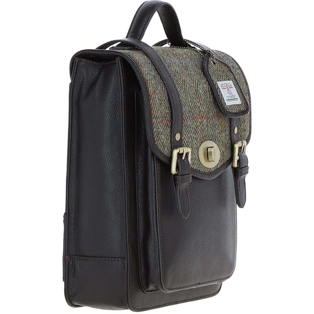 Leather & Harris Tweed Medium Twist Lock Backpack – Brown / Green, view 4