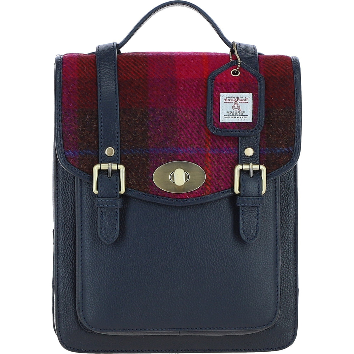 Leather & Harris Tweed Medium Twist Lock Backpack – Navy / Pink, view 1