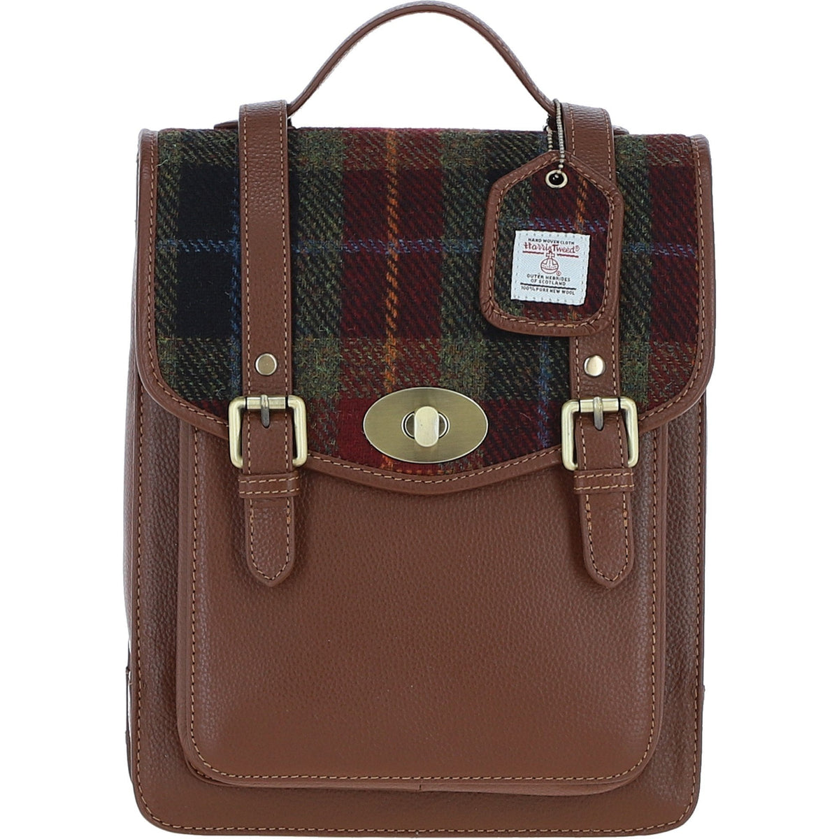 Leather & Harris Tweed Medium Twist Lock Backpack – Tan / Green / Red, view 1