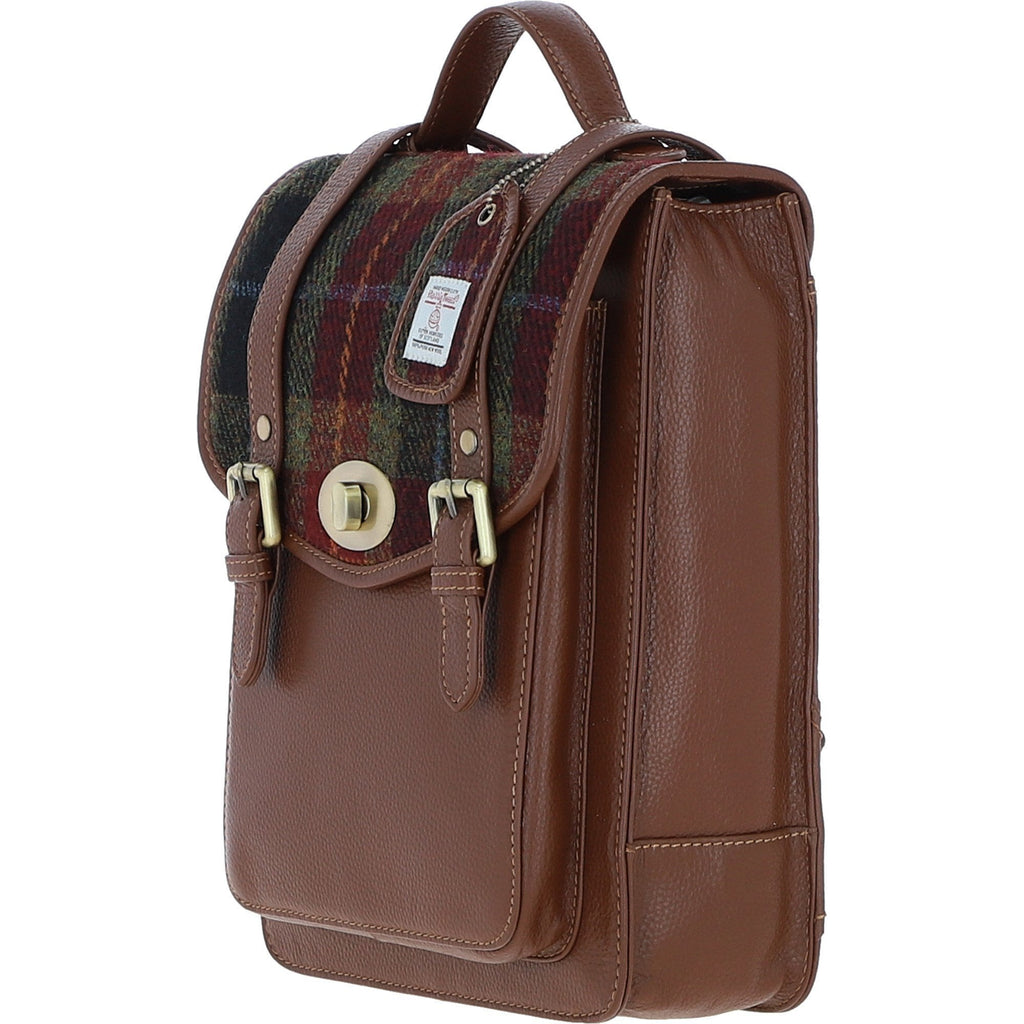 Leather & Harris Tweed Medium Twist Lock Backpack – Tan / Green / Red, view 2