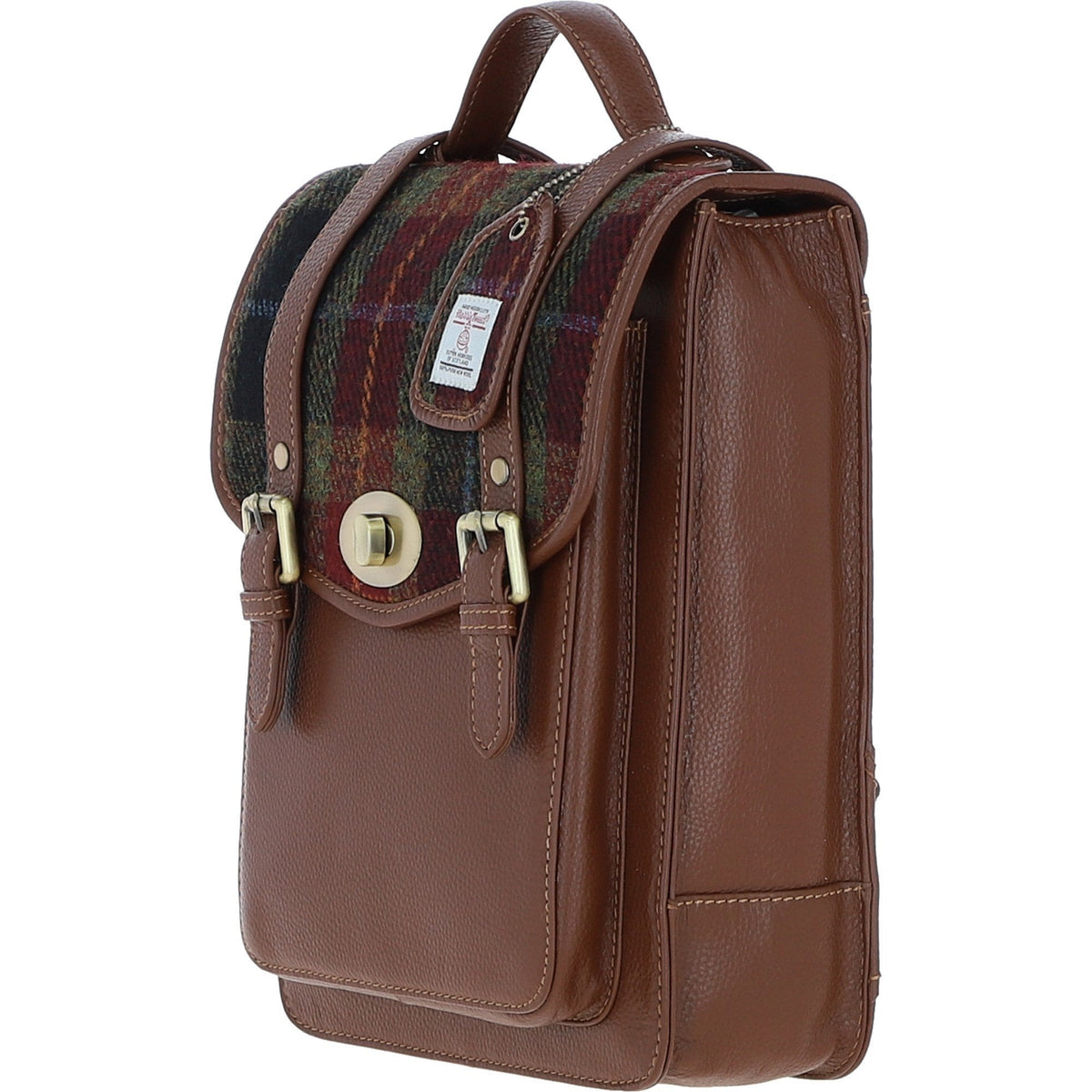 Leather & Harris Tweed Medium Twist Lock Backpack – Tan / Green / Red, view 2