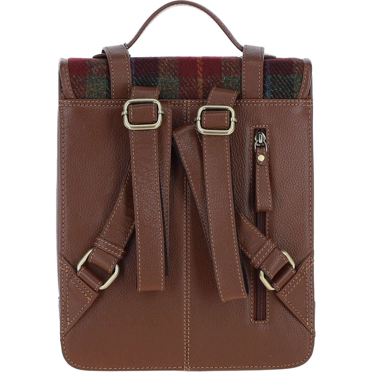 Leather & Harris Tweed Medium Twist Lock Backpack – Tan / Green / Red, view 3