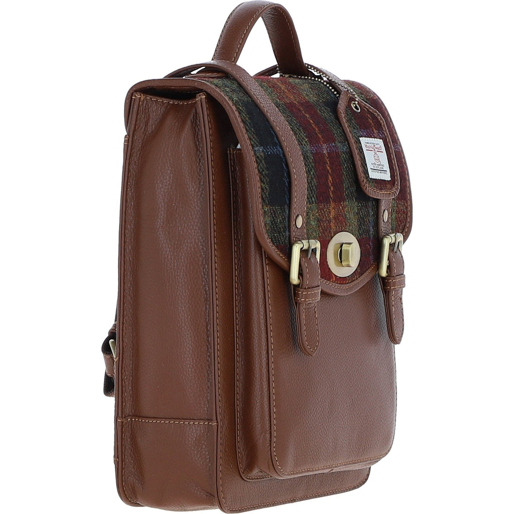 Leather & Harris Tweed Medium Twist Lock Backpack – Tan / Green / Red, view 4