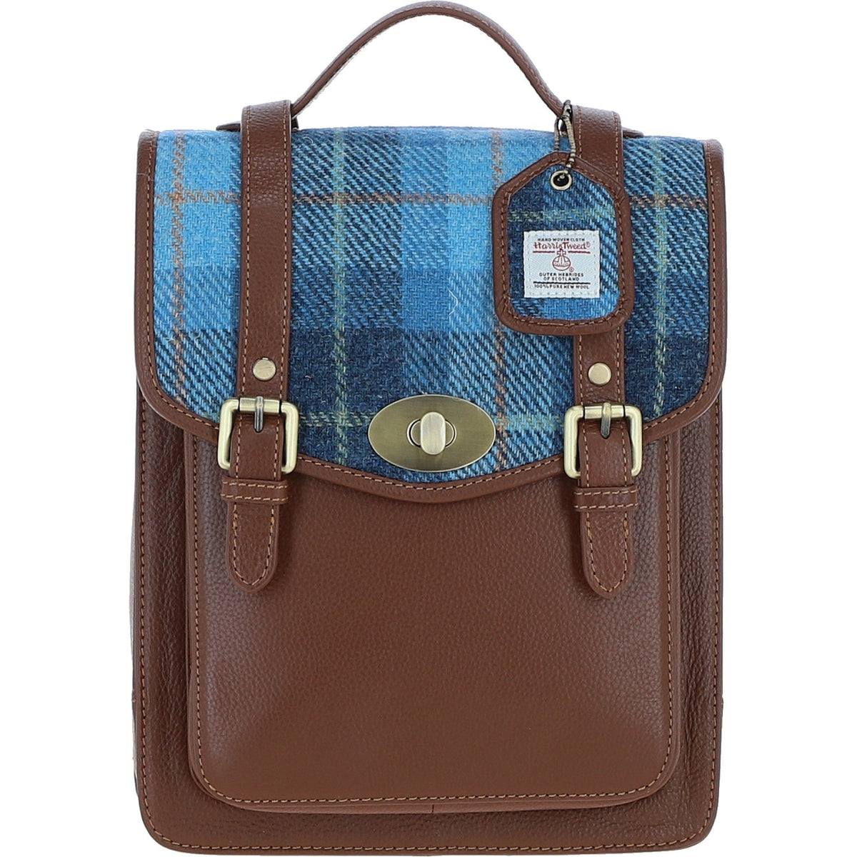 Leather & Harris Tweed Medium Twist Lock Backpack – Tan / Light Blue, view 1