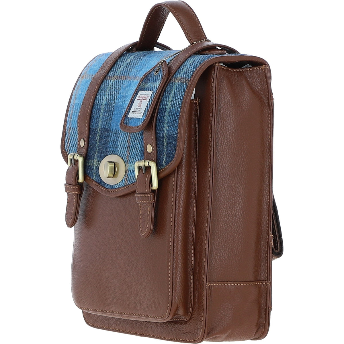 Leather & Harris Tweed Medium Twist Lock Backpack – Tan / Light Blue, view 2