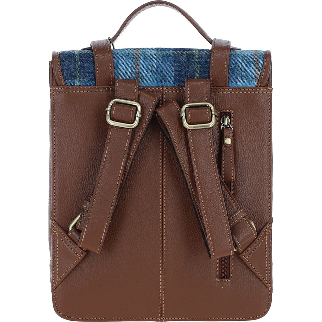Leather & Harris Tweed Medium Twist Lock Backpack – Tan / Light Blue, view 3
