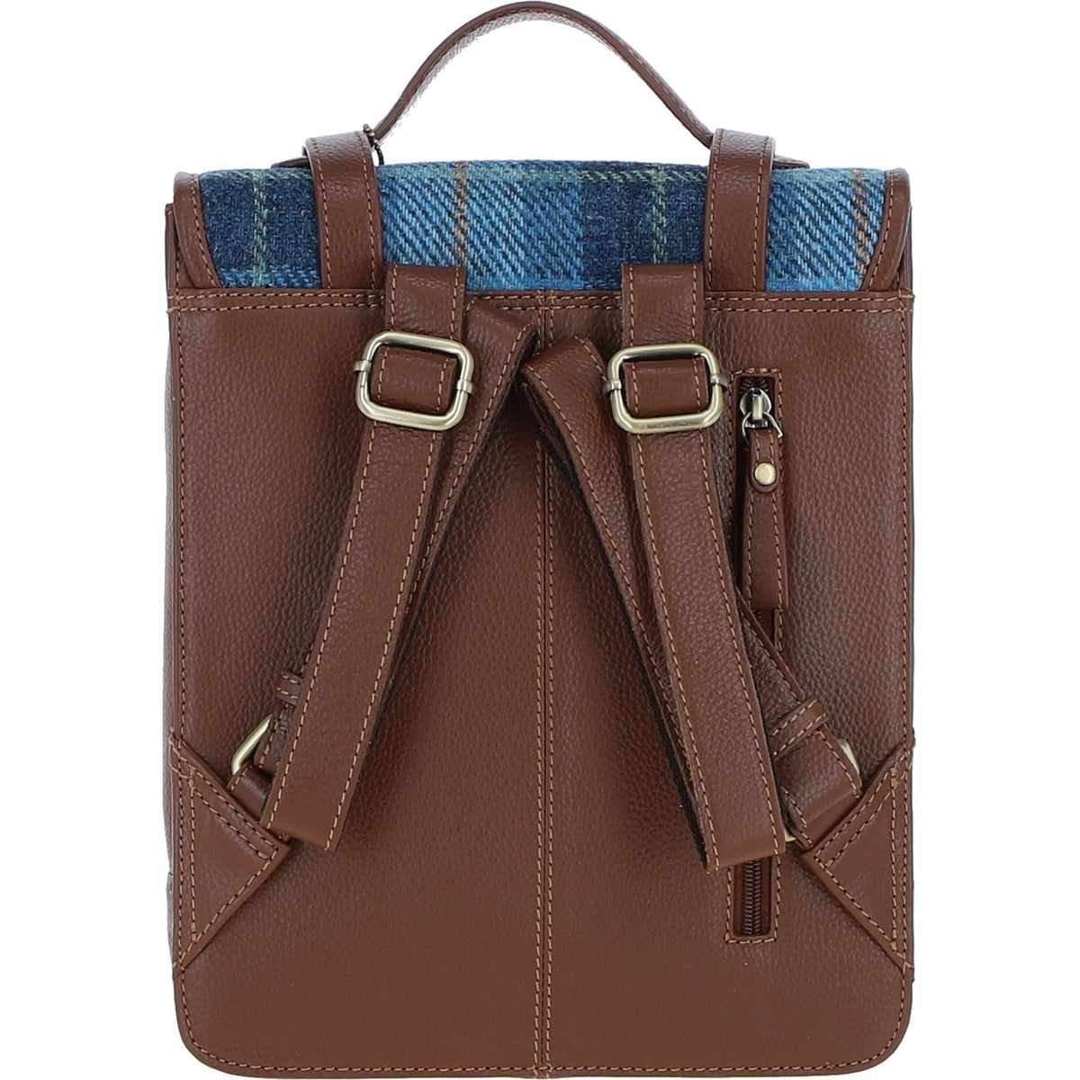 Leather & Harris Tweed Medium Twist Lock Backpack – Tan / Light Blue, view 3