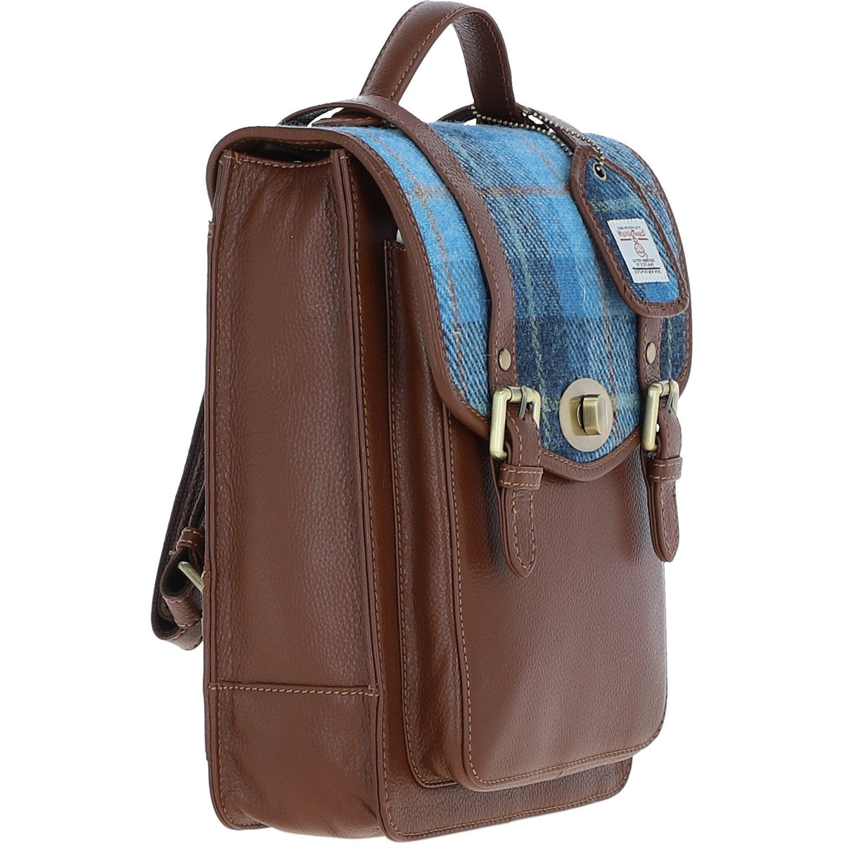 Leather & Harris Tweed Medium Twist Lock Backpack – Tan / Light Blue, view 4