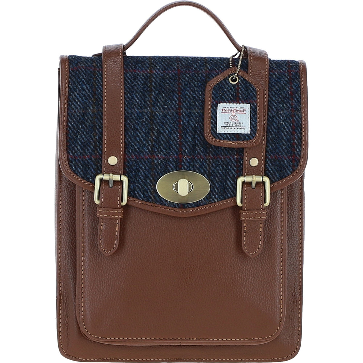 Leather & Harris Tweed Medium Twist Lock Backpack – Tan / Navy, view 1