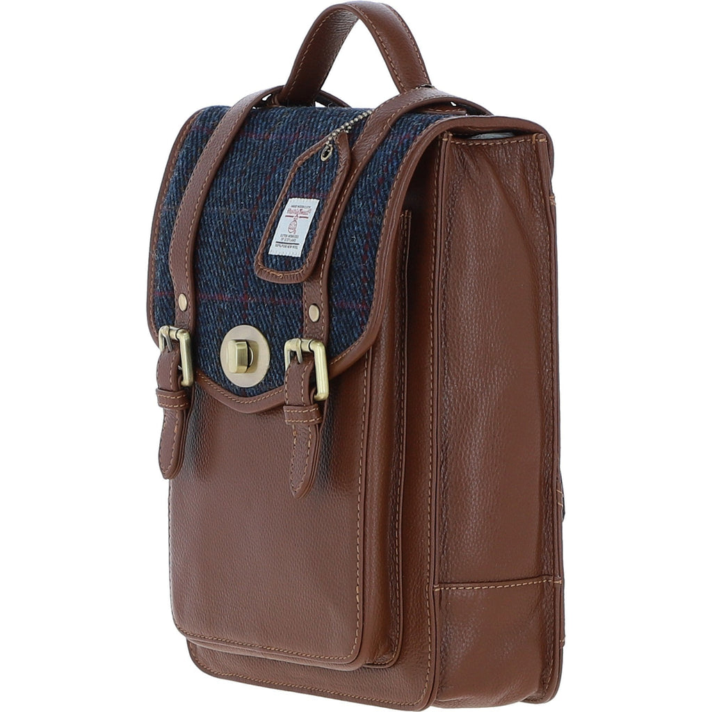 Leather & Harris Tweed Medium Twist Lock Backpack – Tan / Navy, view 2