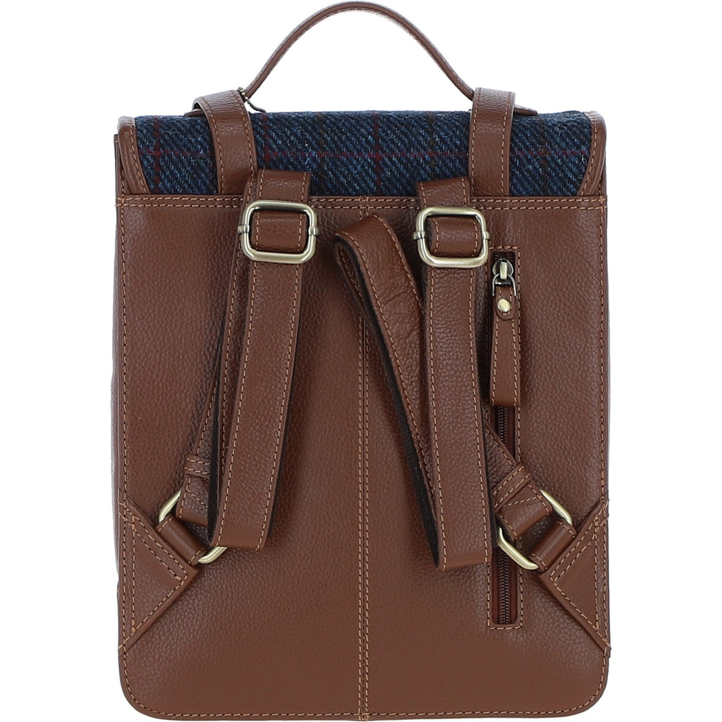 Leather & Harris Tweed Medium Twist Lock Backpack – Tan / Navy, view 3