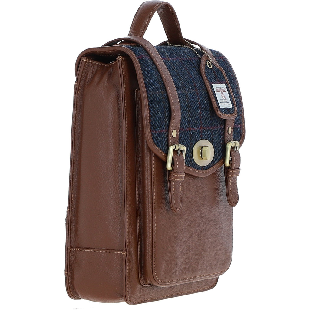 Leather & Harris Tweed Medium Twist Lock Backpack – Tan / Navy, view 4