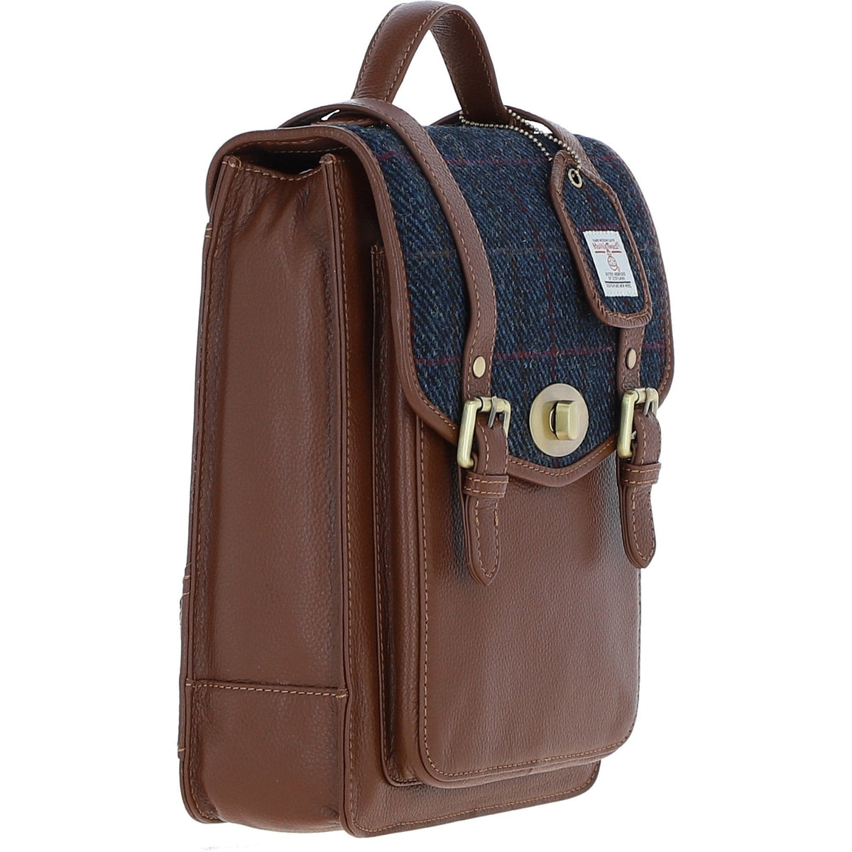 Leather & Harris Tweed Medium Twist Lock Backpack – Tan / Navy, view 4