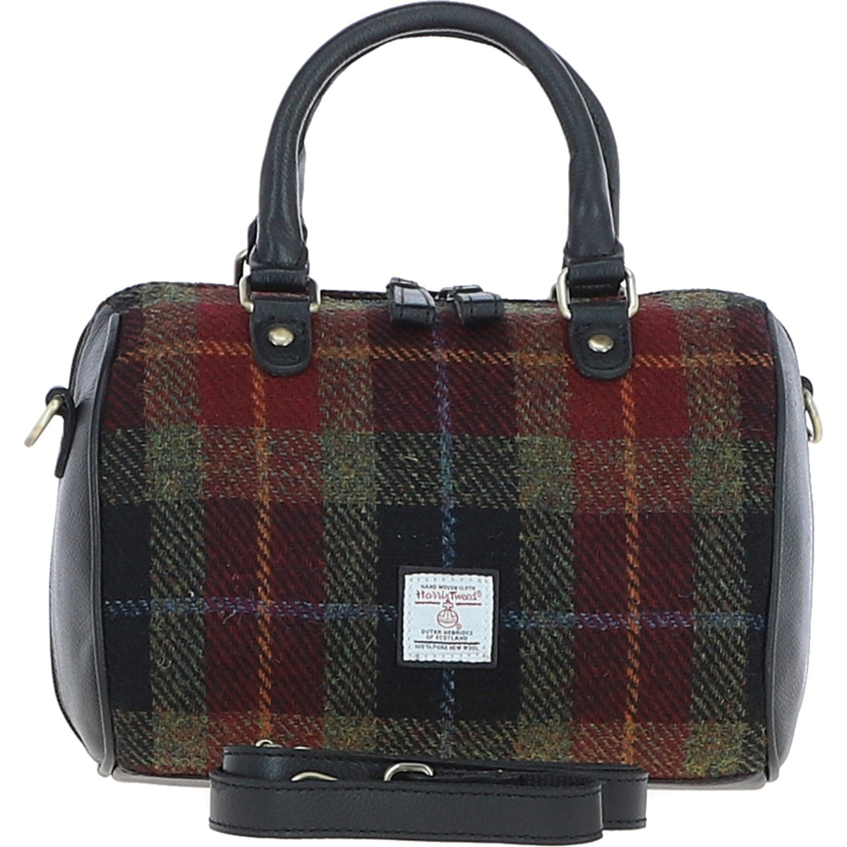 Leather & Harris Tweed Medium Barrel Bag – Black / Green / Red, view 1